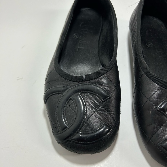 CHANEL Cambon Line Flat Shoes Leather Enamel Coco Mark CC Logo Size 7.5 Black - Picture 3 of 16